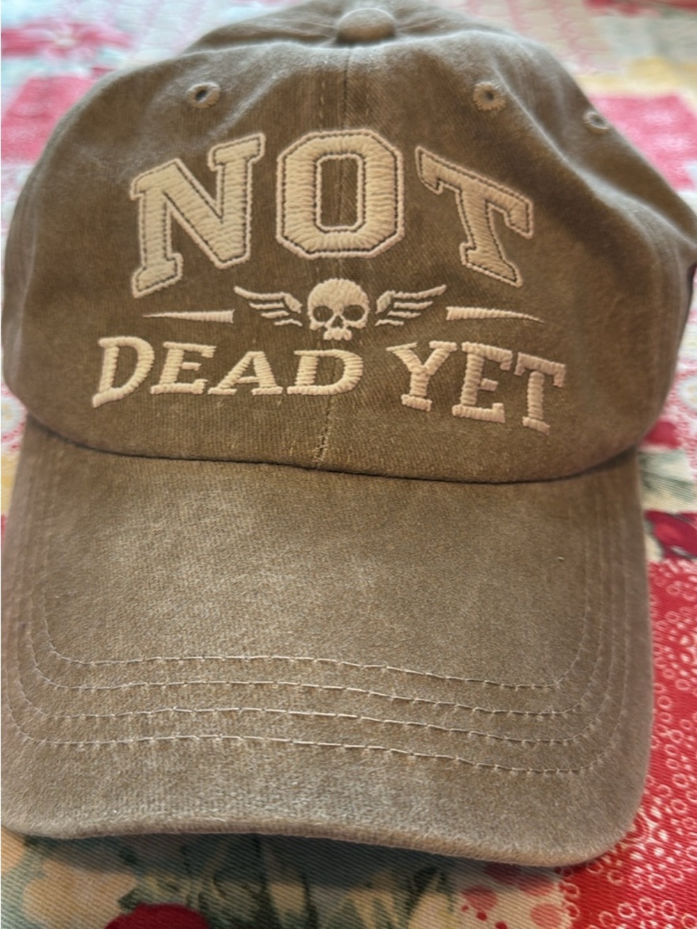 Not Dead Yet Embroidered Skull Baseball Cap - Brown